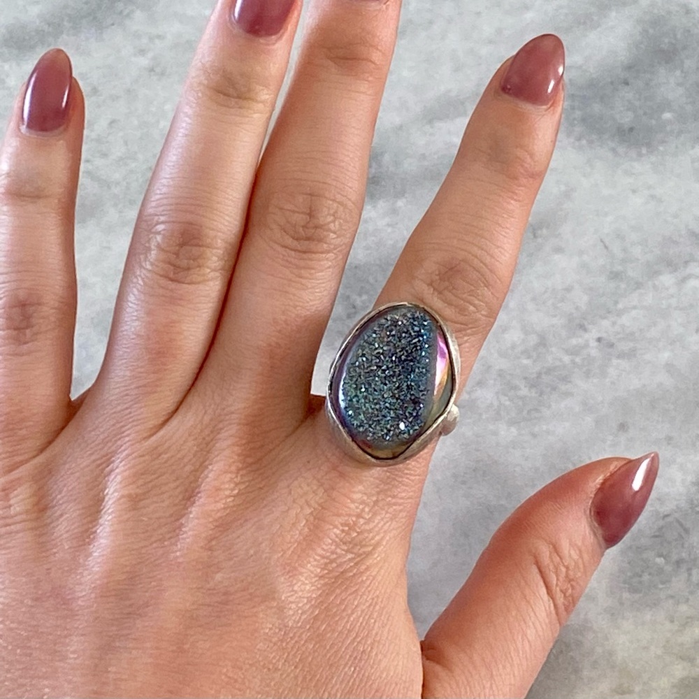 Rainbow agate druzy stone in brushed .925 sterling silver setting